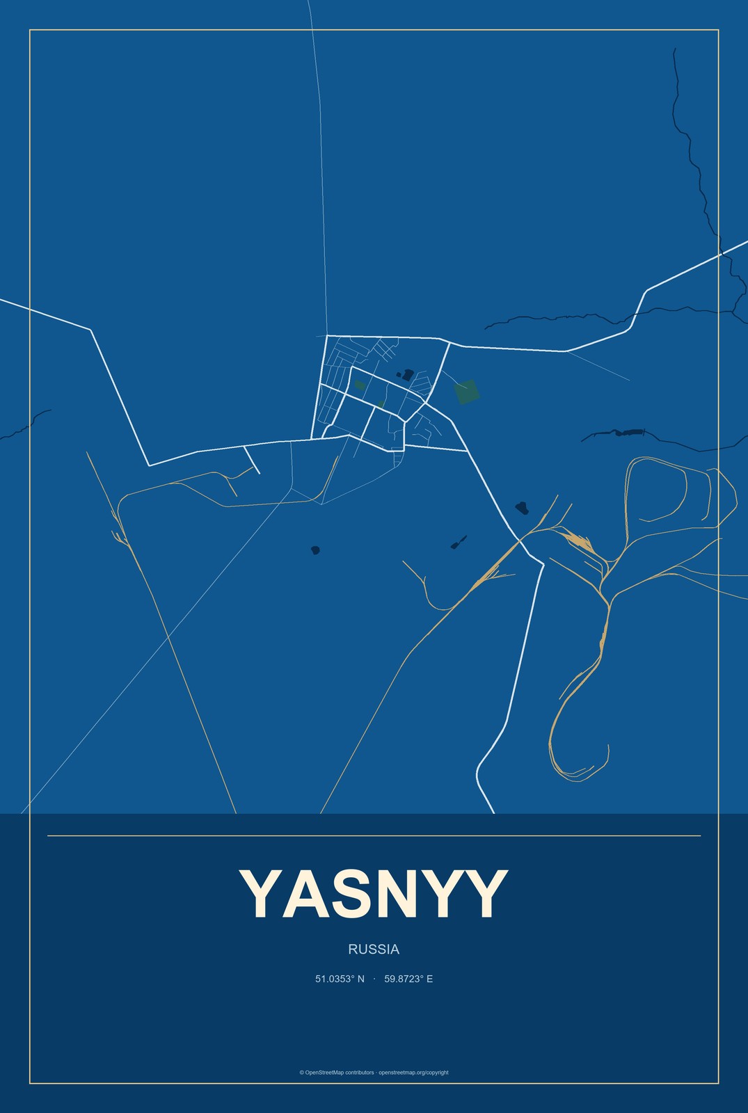Yasnyy, Russia City Map Aluminum Sign in Harbor Cobalt style