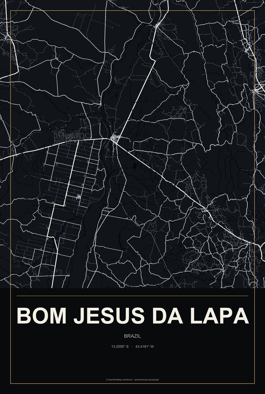 Bom Jesus da Lapa, Brazil City Map Aluminum Sign in Metropolitan Noir style