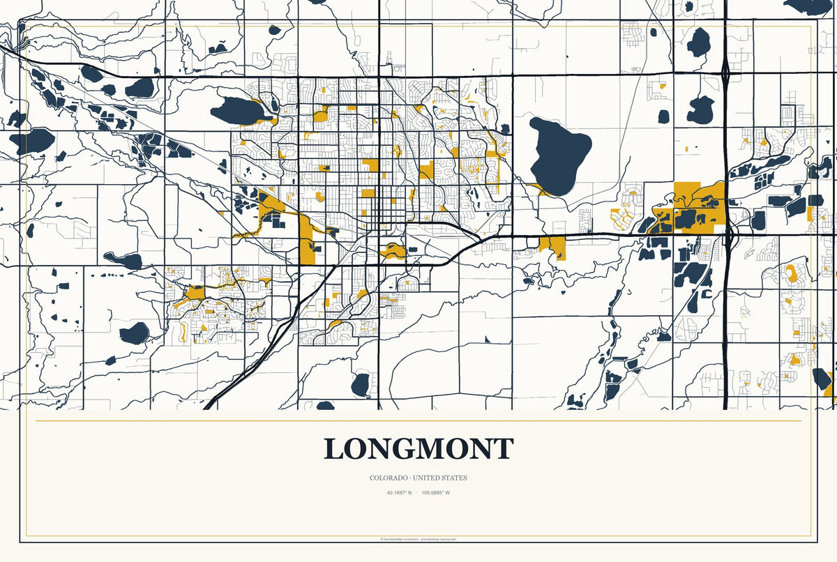 Longmont, Colorado City Map Aluminum Sign in Citrine Modern style