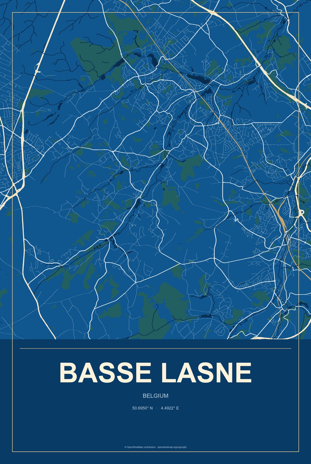 Basse Lasne, Belgium City Map Aluminum Sign in Harbor Cobalt style