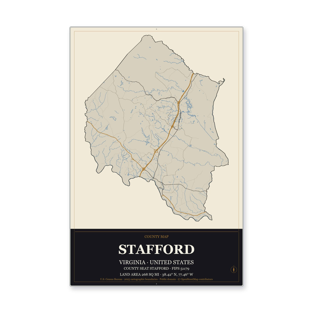Stafford County, Virginia Map Aluminum Sign in Museum Plaque style