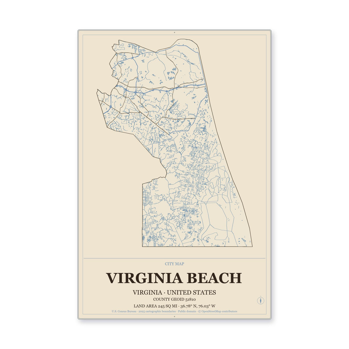 Virginia Beach city, Virginia Map Aluminum Sign in Heritage Nautical style