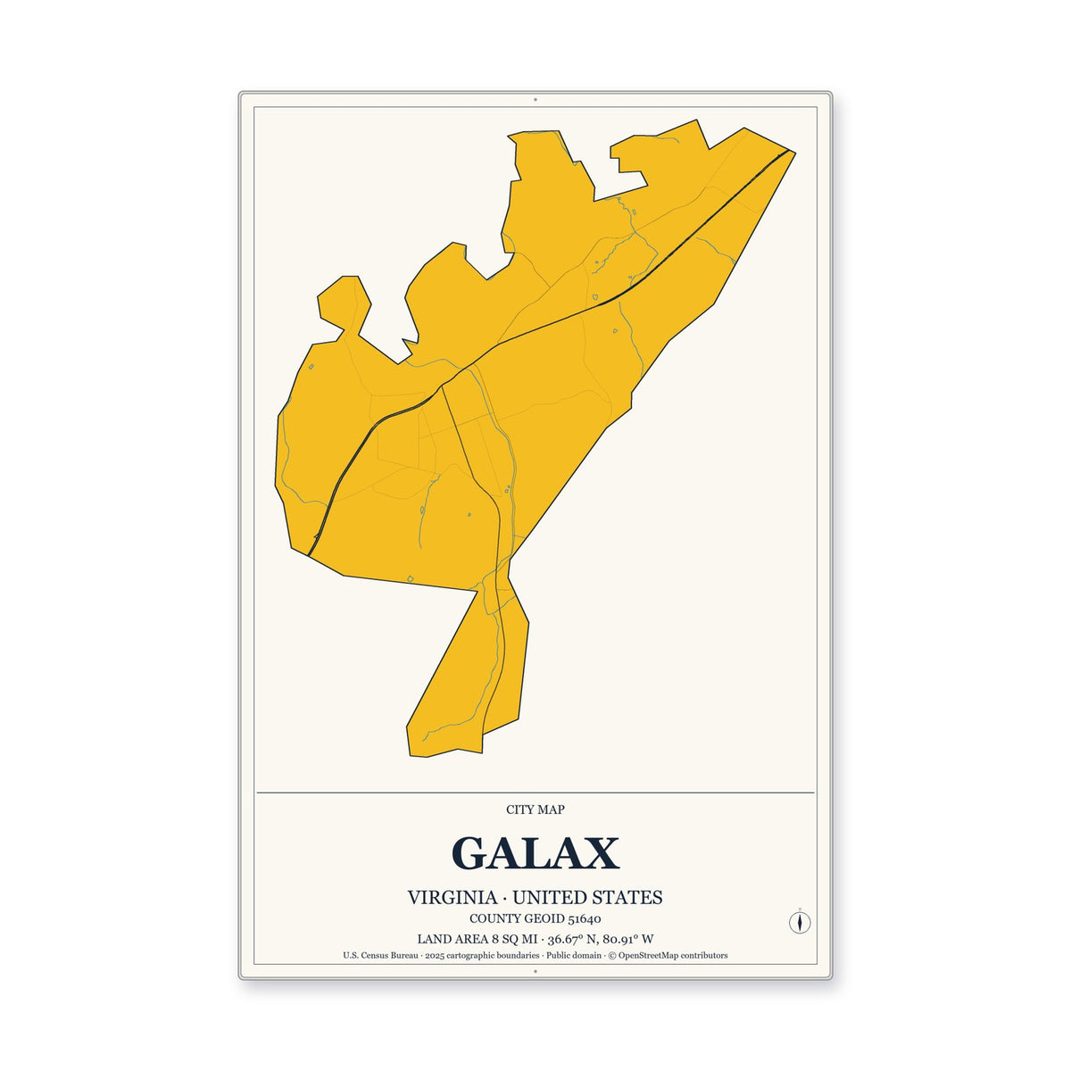 Galax city, Virginia Map Aluminum Sign in Citrine Modern style