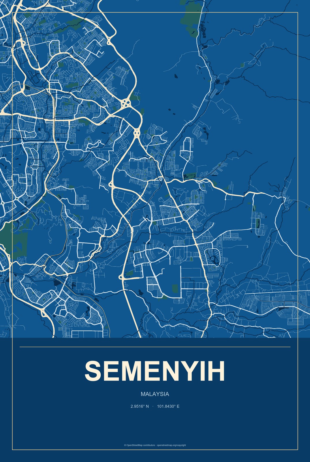 Semenyih, Malaysia City Map Aluminum Sign in Harbor Cobalt style