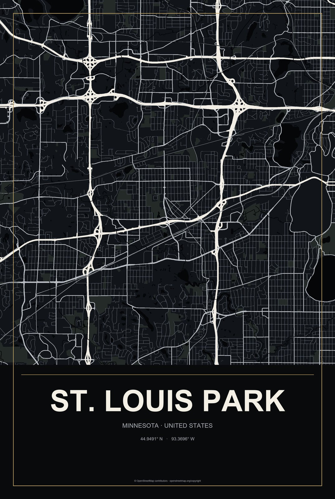 St. Louis Park, Minnesota City Map Aluminum Sign in Metropolitan Noir style