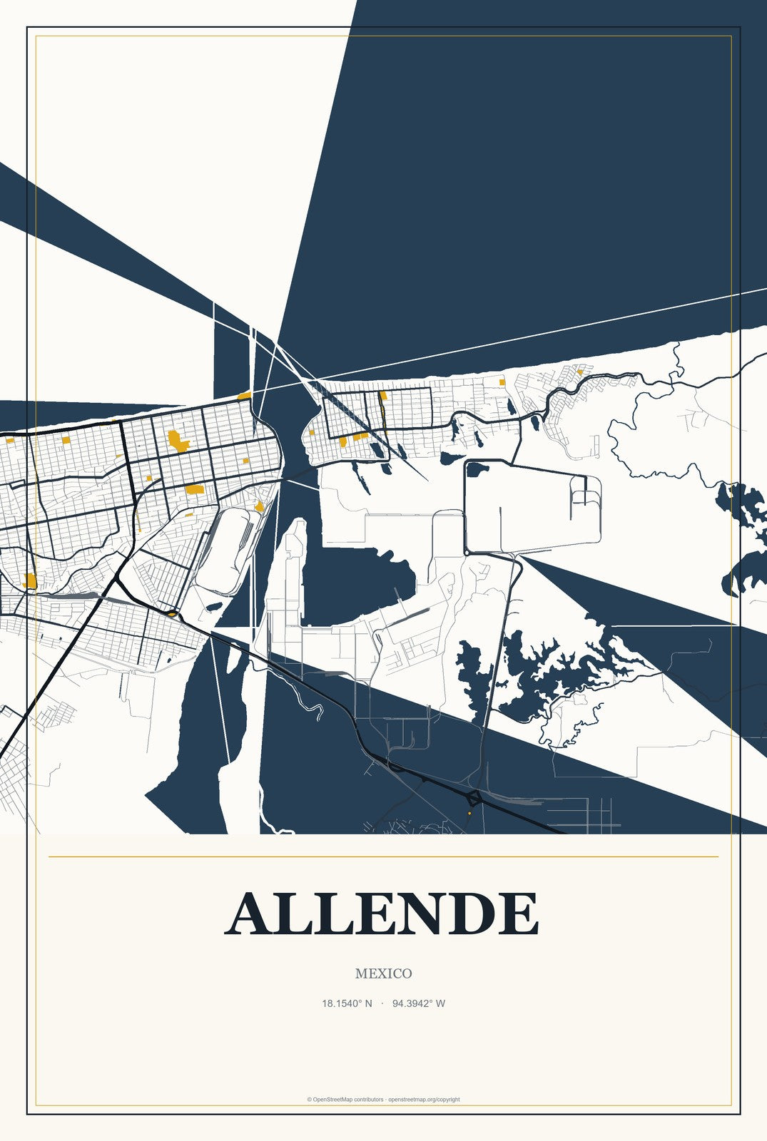 Allende, Veracruz, Mexico City Map Aluminum Sign in Citrine Modern style