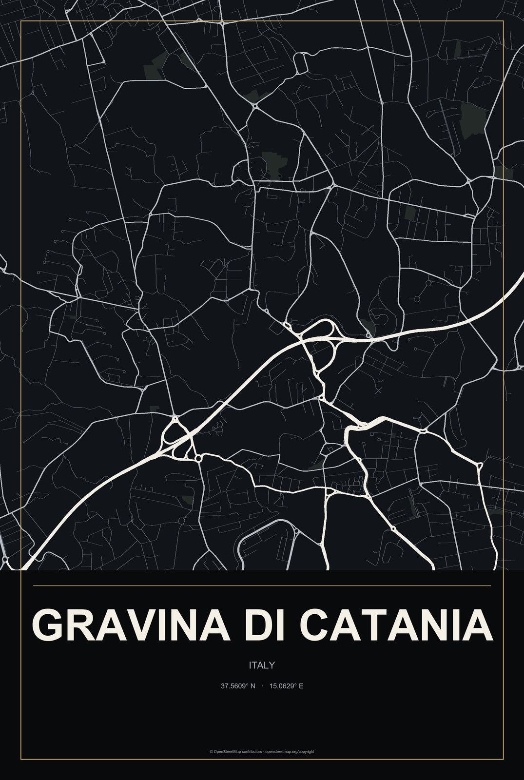 Gravina di Catania, Italy City Map Aluminum Sign in Metropolitan Noir style