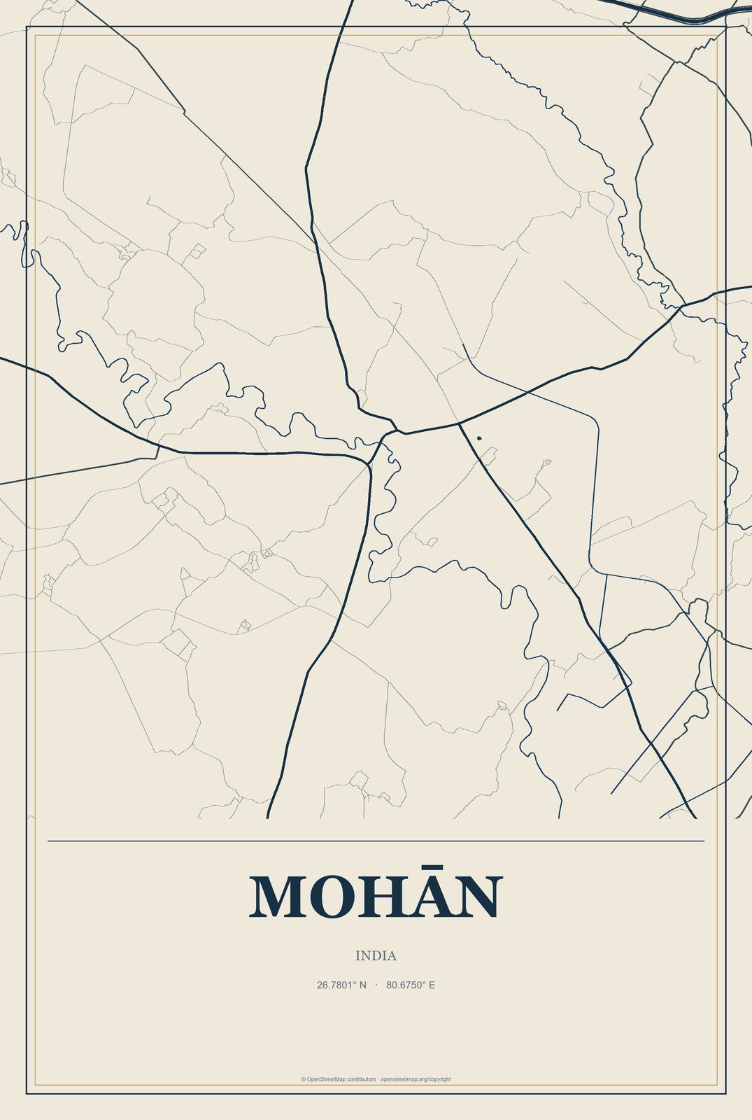 Mohān, India City Map Aluminum Sign in Coastal Cutout style