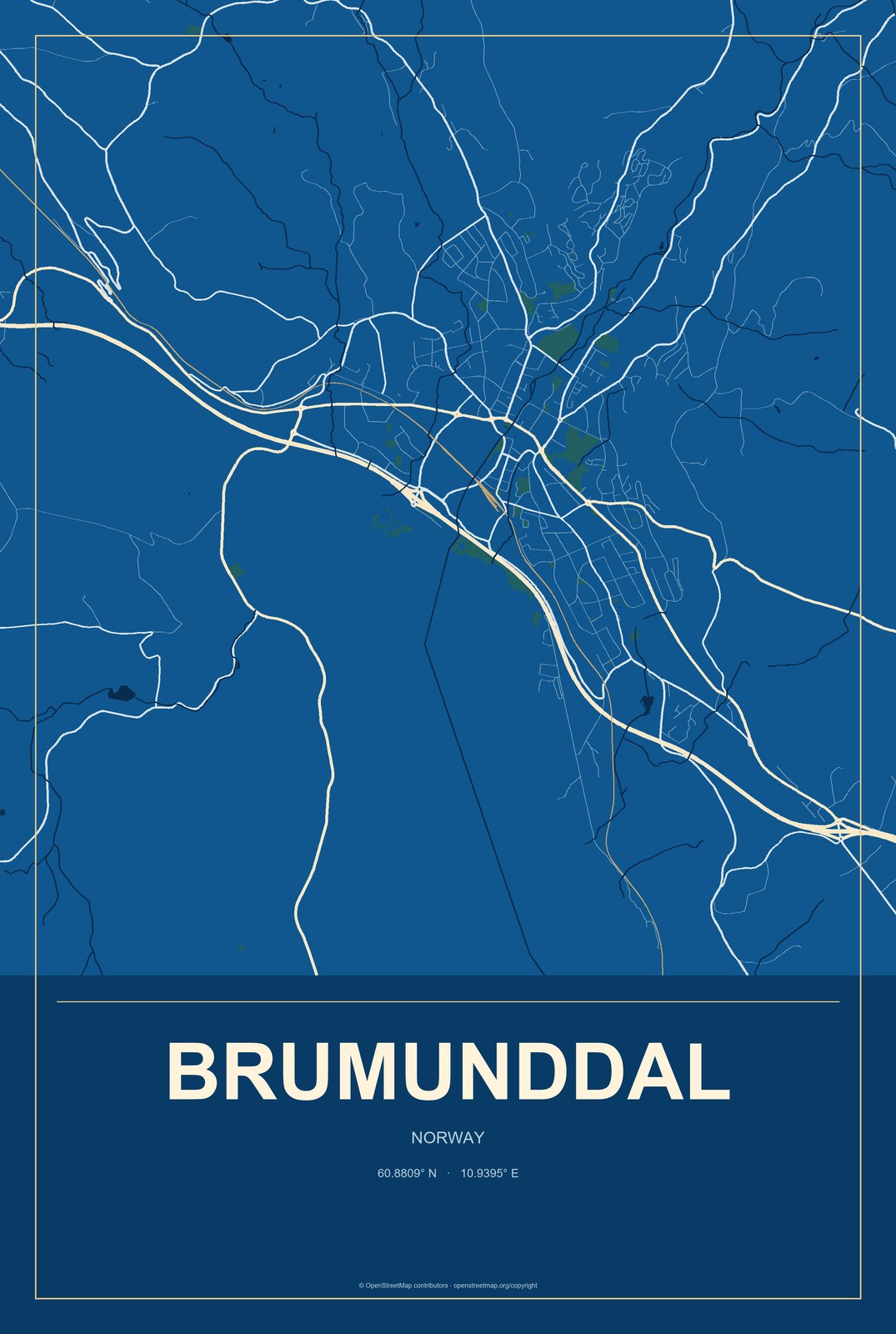 Brumunddal, Norway City Map Aluminum Sign in Harbor Cobalt style