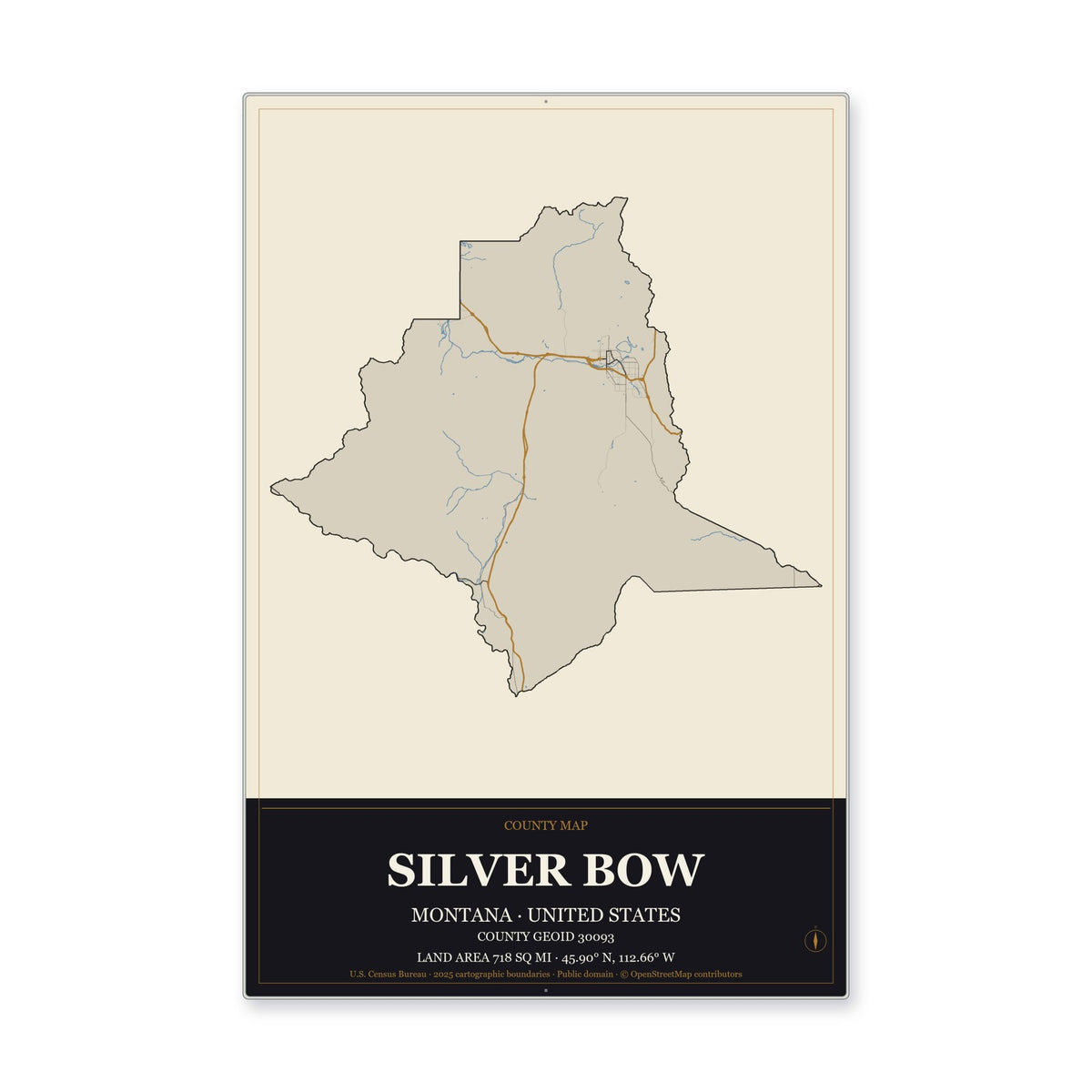 Silver Bow County, Montana Map Aluminum Sign in Museum Plaque style