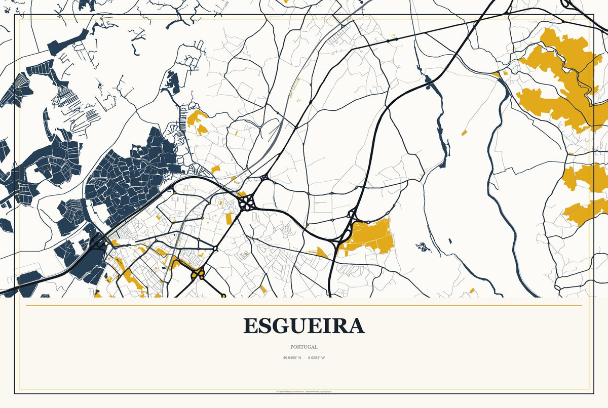 Esgueira, Portugal City Map Aluminum Sign in Citrine Modern style