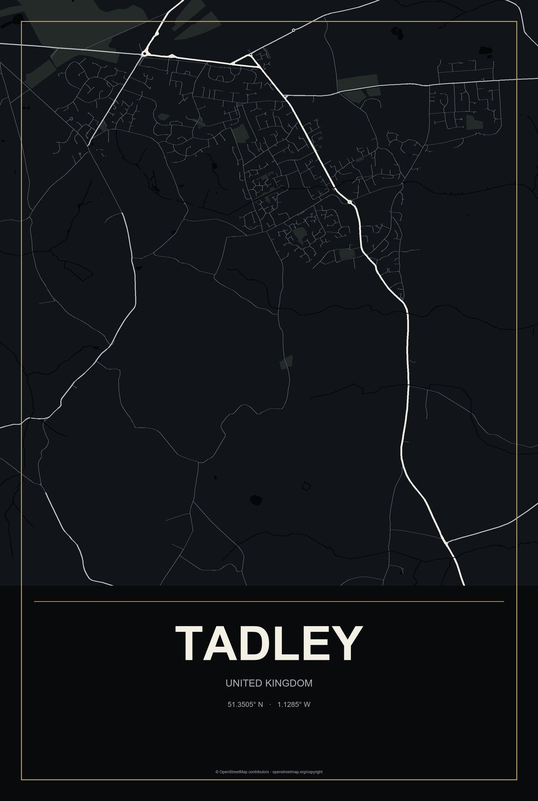 Tadley, United Kingdom City Map Aluminum Sign in Metropolitan Noir style