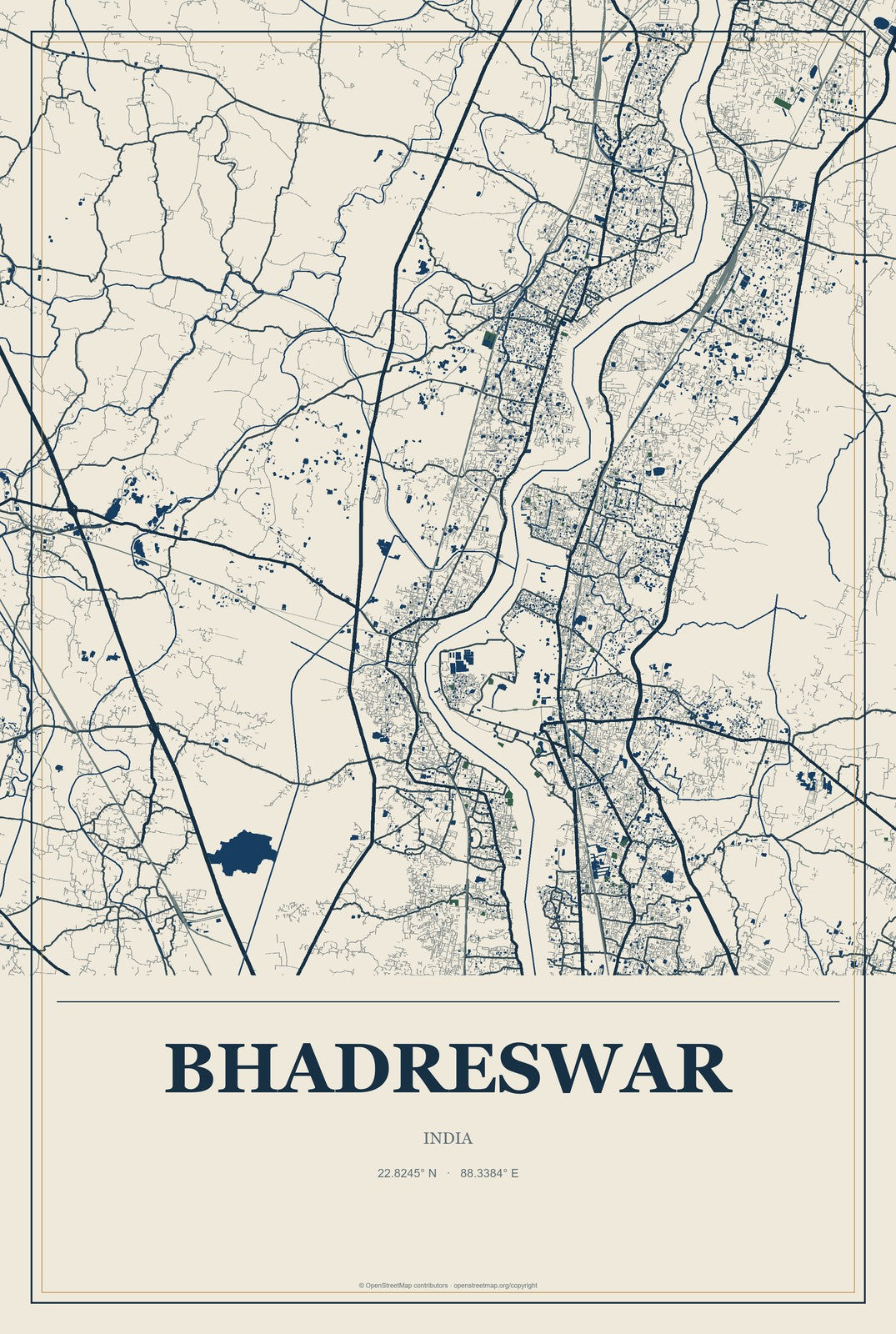 Bhadreswar, India City Map Aluminum Sign in Coastal Cutout style