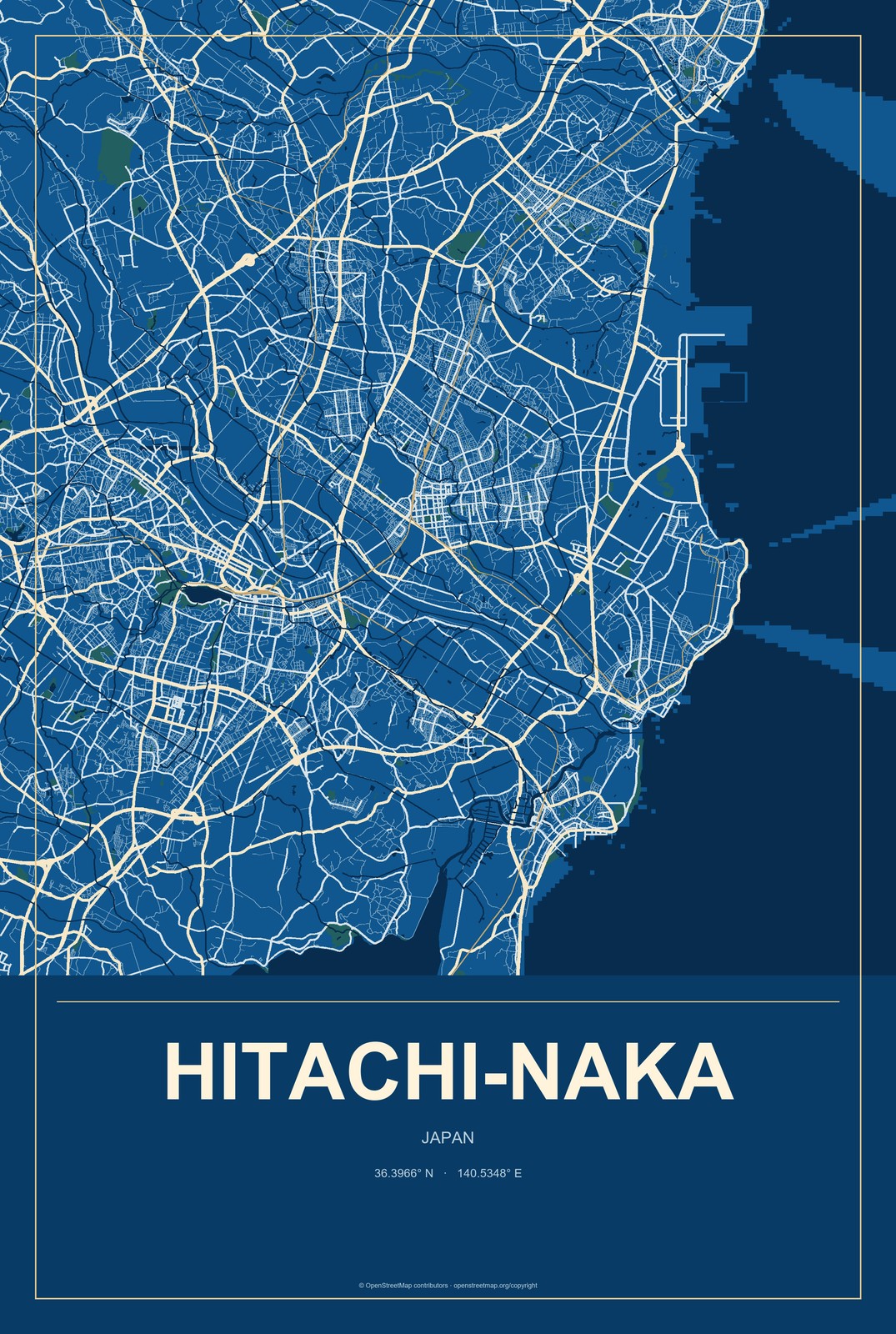 Hitachi-Naka, Japan City Map Aluminum Sign in Harbor Cobalt style