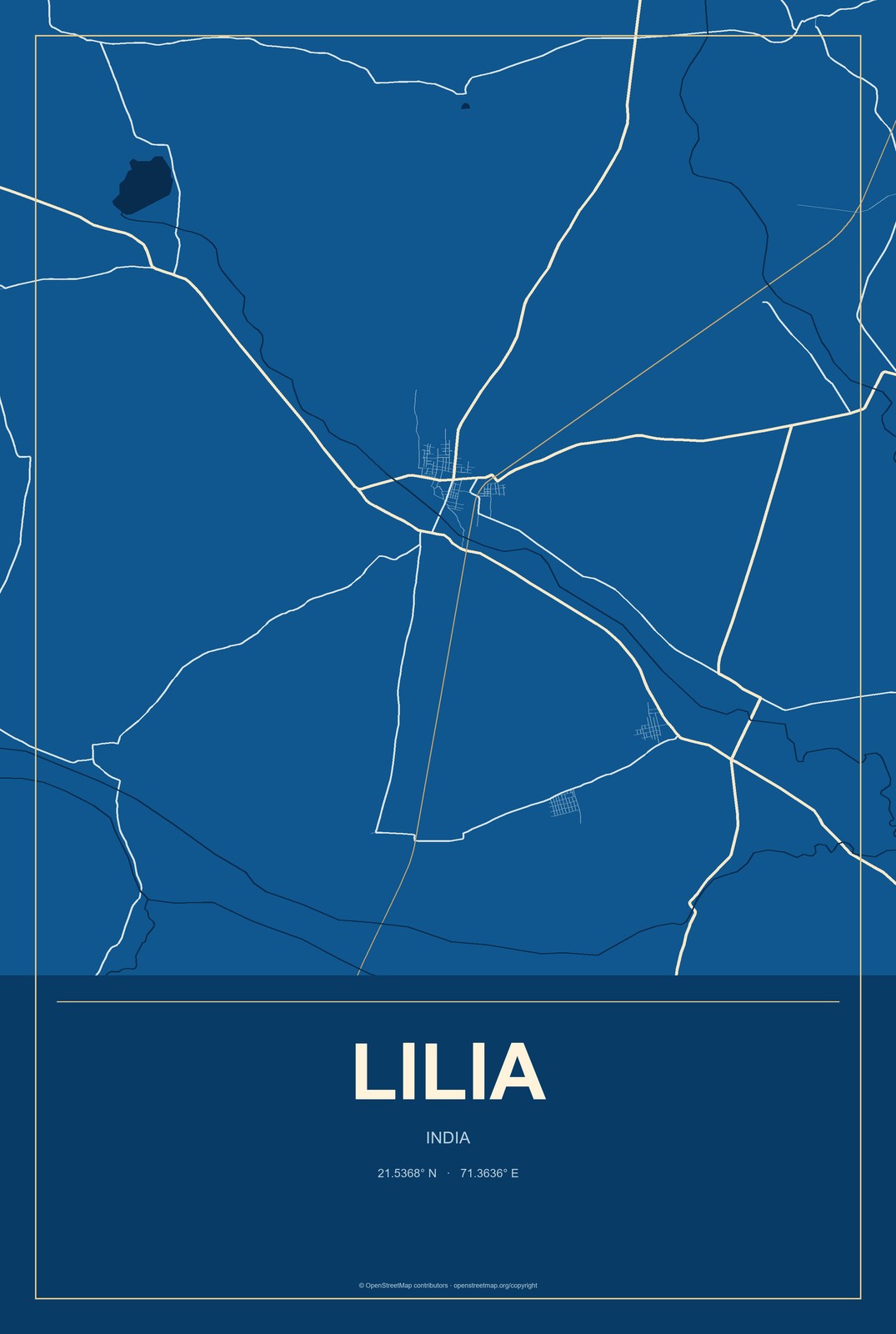 Lilia, India City Map Aluminum Sign in Harbor Cobalt style