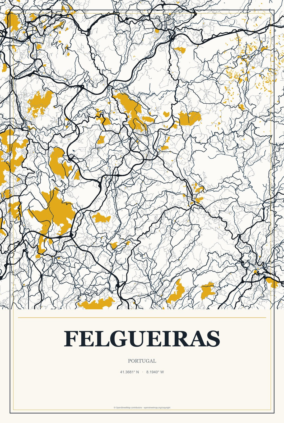 Felgueiras, Portugal City Map Aluminum Sign in Citrine Modern style