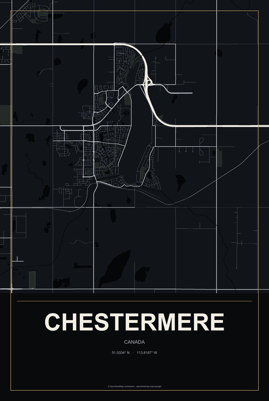 Chestermere, Canada City Map Aluminum Sign in Metropolitan Noir style