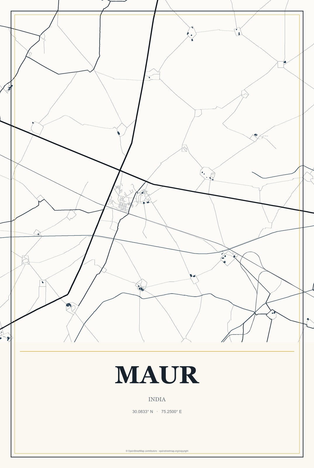 Maur, India City Map Aluminum Sign in Citrine Modern style