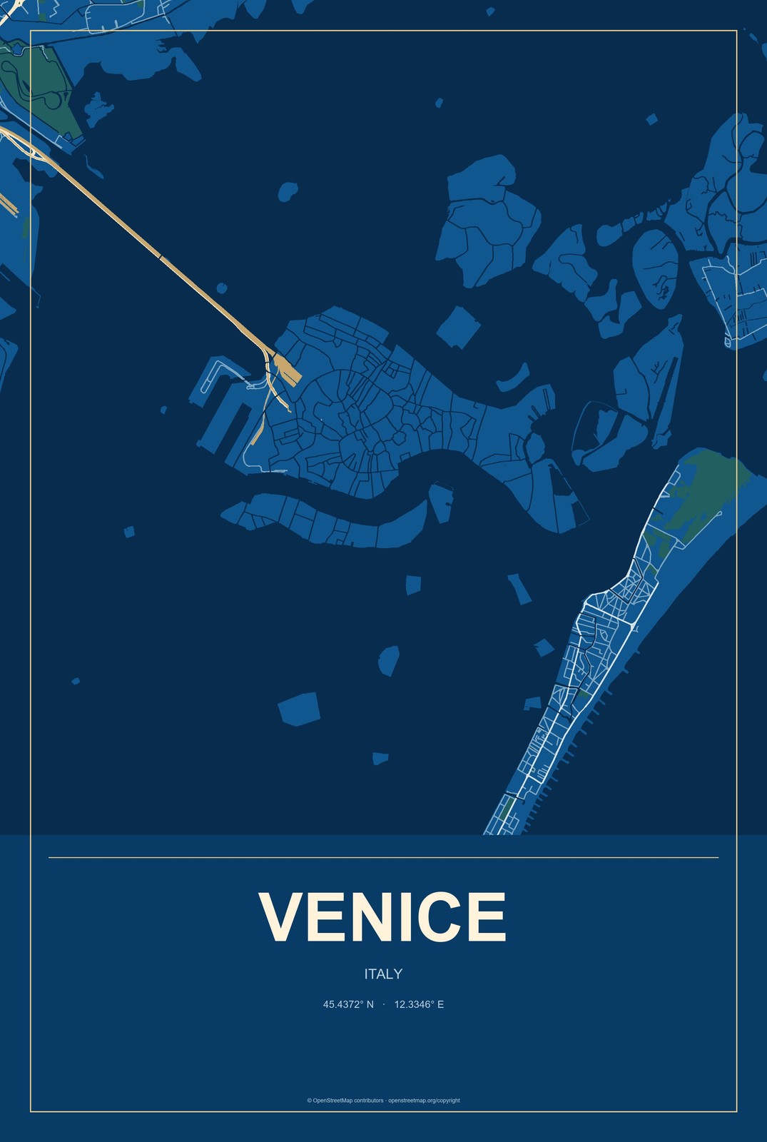 Venice, Italy City Map Aluminum Sign in Harbor Cobalt style