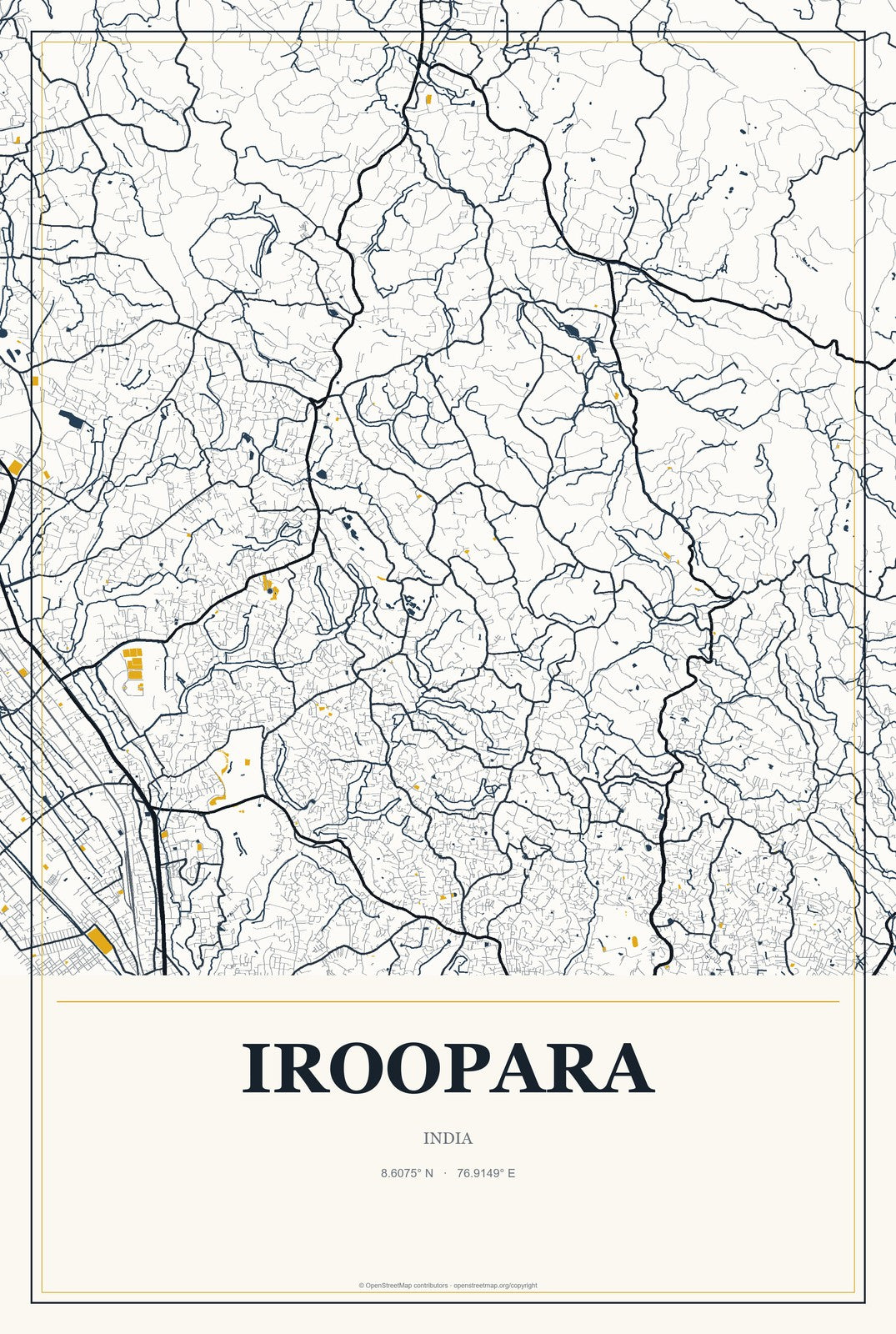 Iroopara, India City Map Aluminum Sign in Citrine Modern style