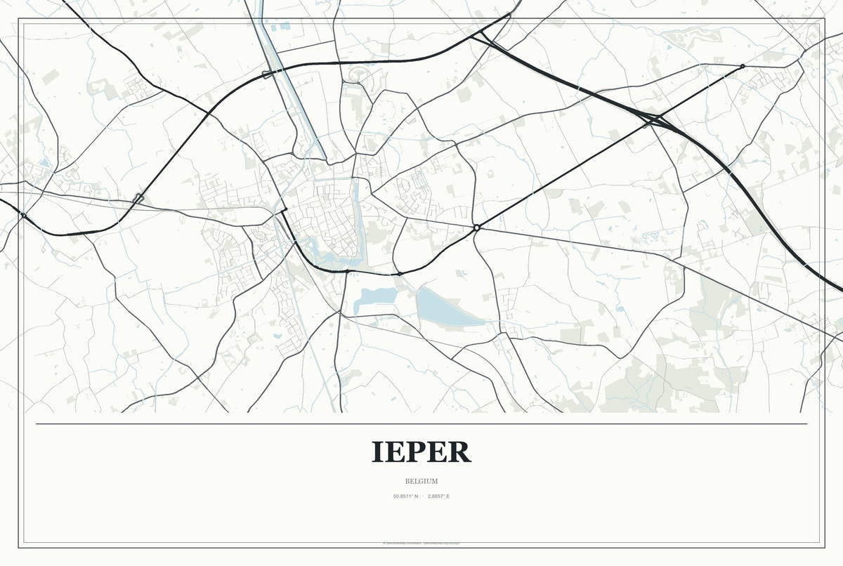 Ieper, Belgium City Map Aluminum Sign in Gallery Air style