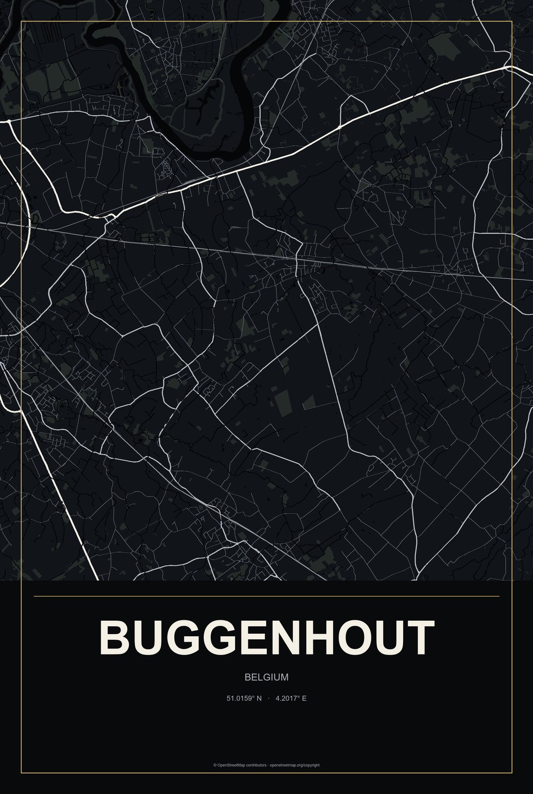 Buggenhout, Belgium City Map Aluminum Sign in Metropolitan Noir style