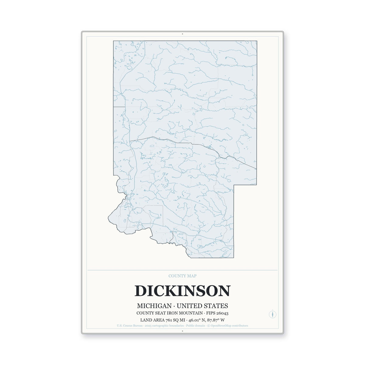 Dickinson County, Michigan Map Aluminum Sign in Gallery Air style