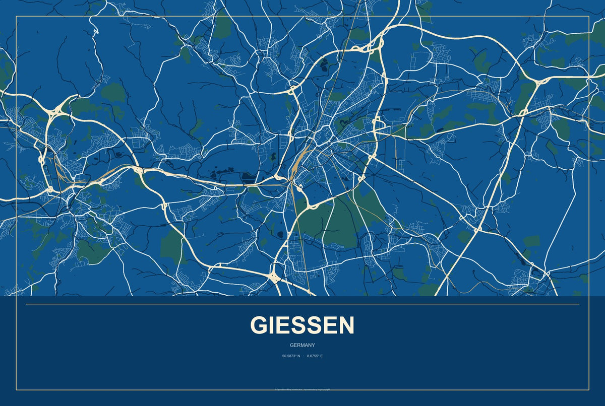 Gießen, Germany City Map Aluminum Sign in Harbor Cobalt style