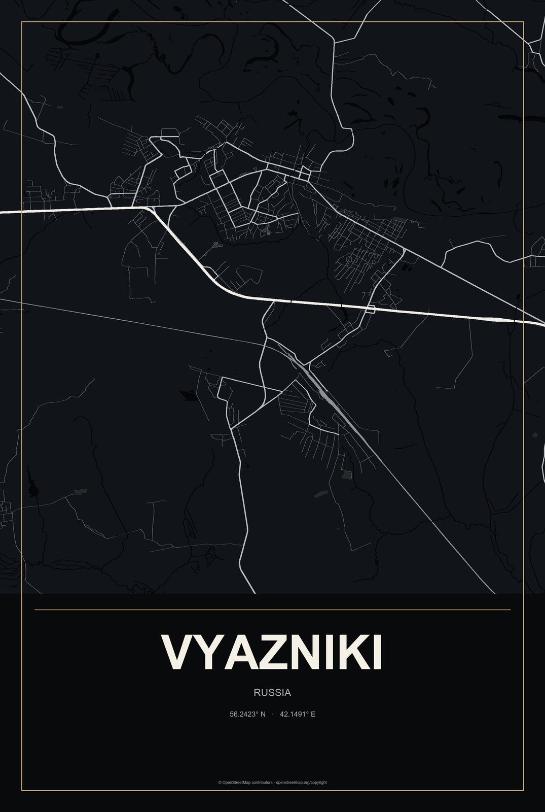 Vyazniki, Russia City Map Aluminum Sign in Metropolitan Noir style