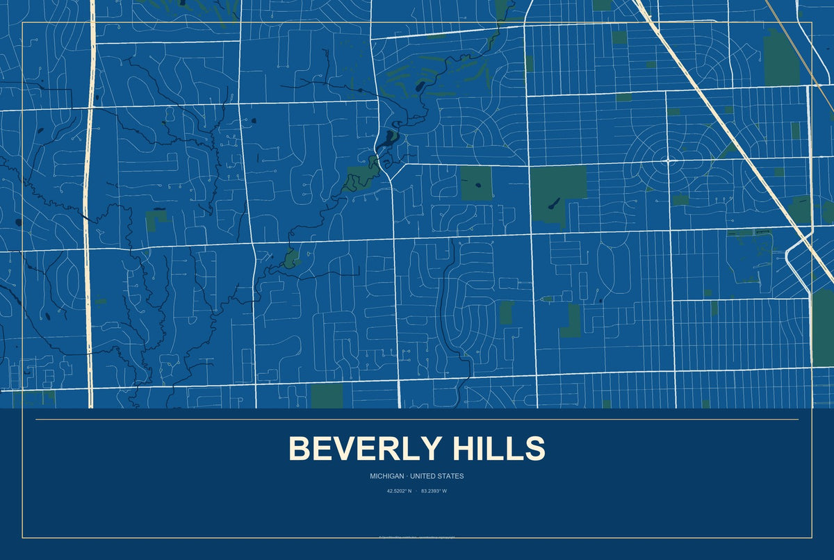 Beverly Hills, Michigan City Map Aluminum Sign in Harbor Cobalt style