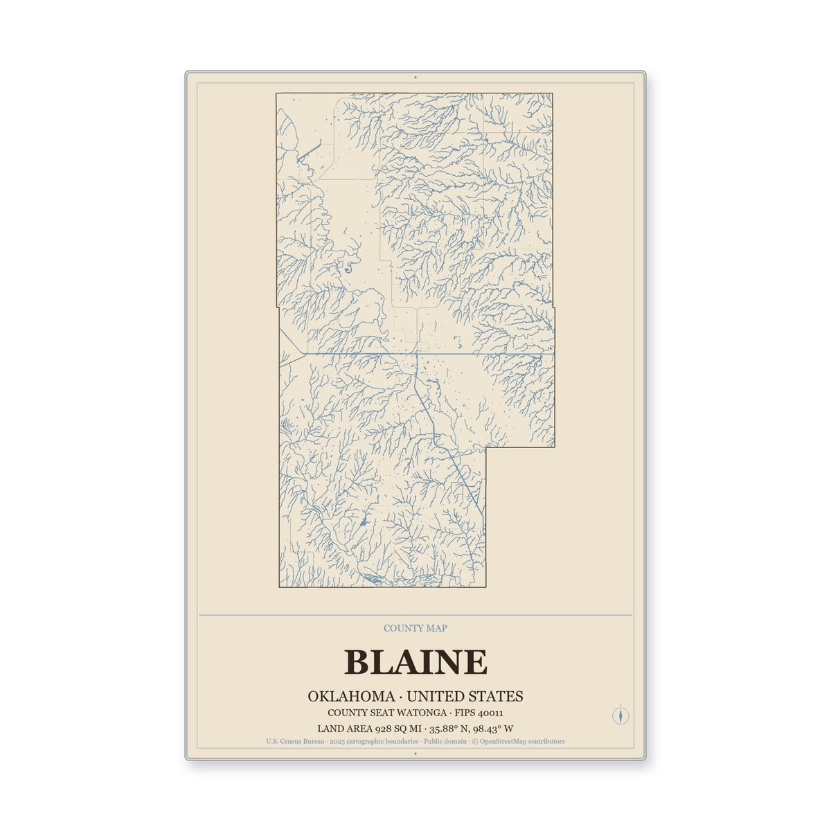 Blaine County, Oklahoma Map Aluminum Sign in Heritage Nautical style