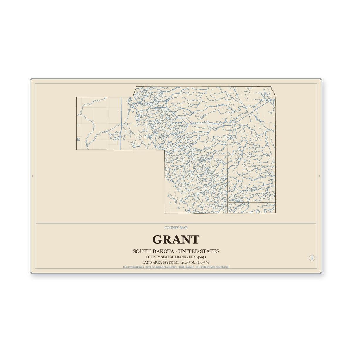 Grant County, South Dakota Map Aluminum Sign in Heritage Nautical style
