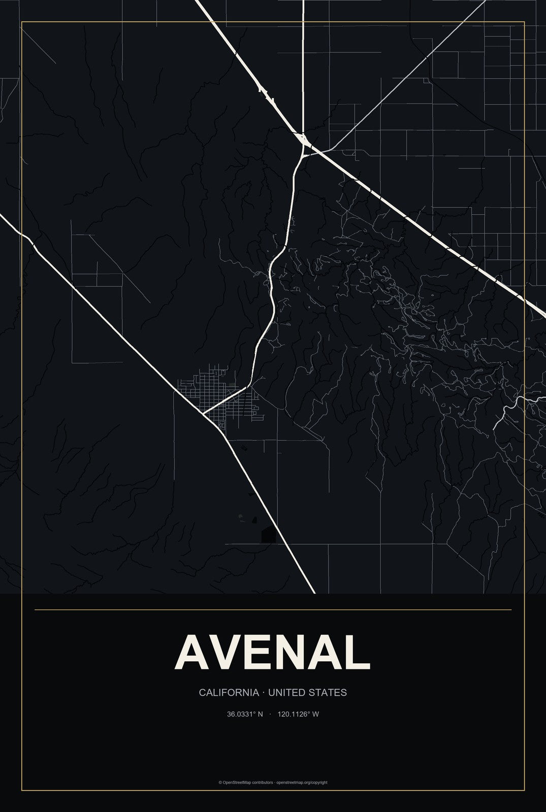 Avenal, California City Map Aluminum Sign in Metropolitan Noir style