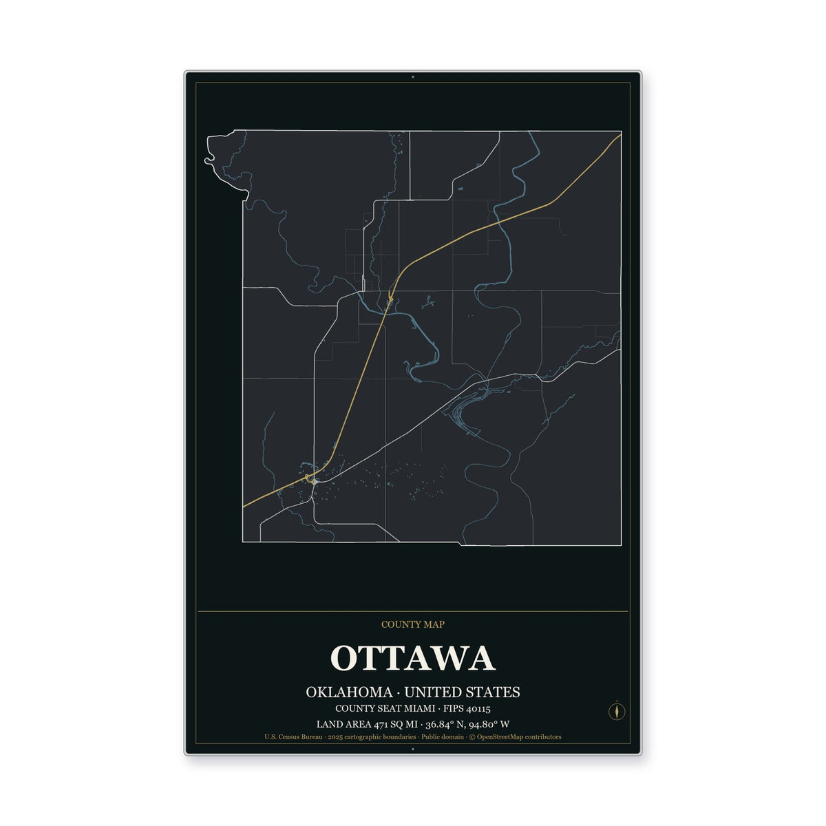 Ottawa County, Oklahoma Map Aluminum Sign in Metropolitan Noir style