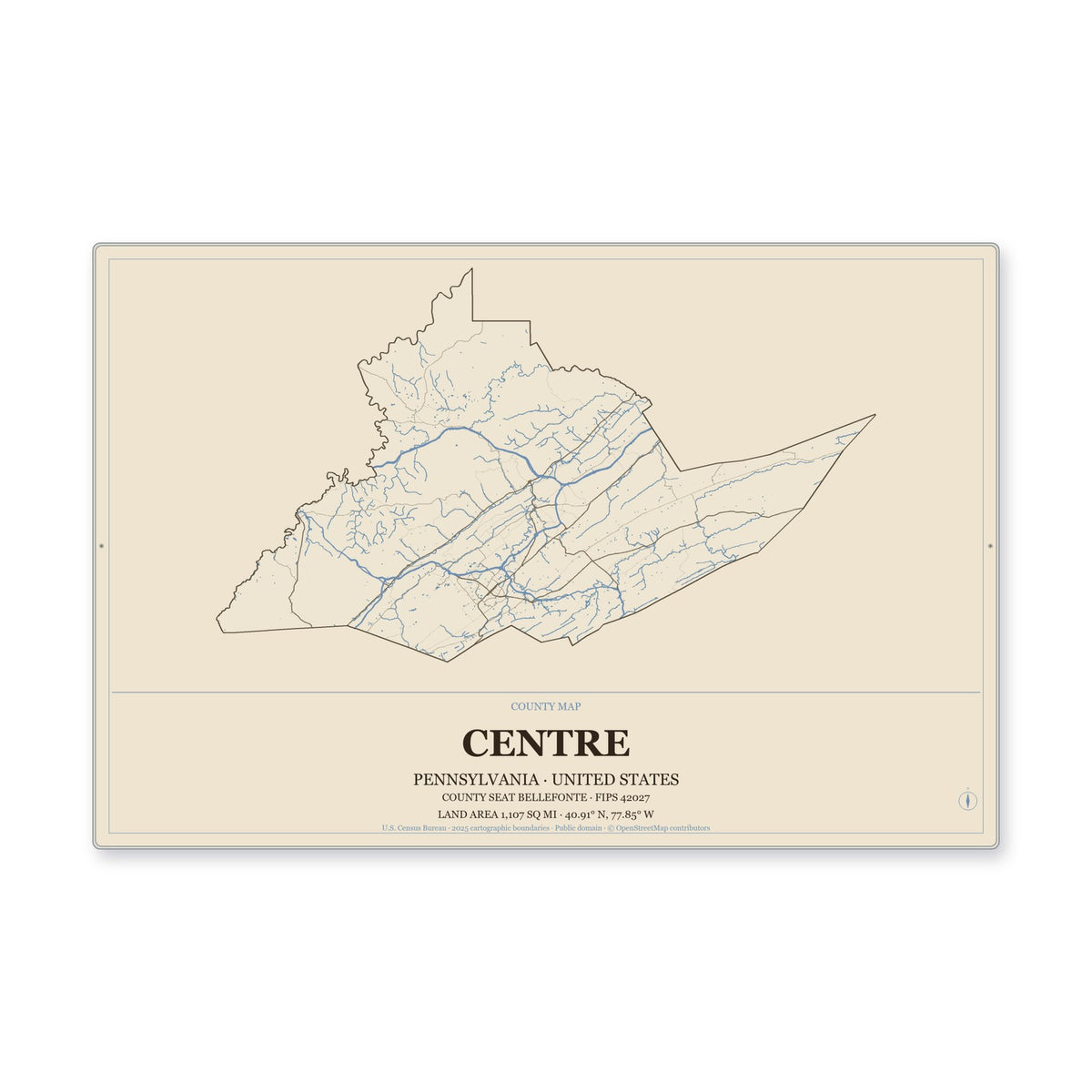Centre County, Pennsylvania Map Aluminum Sign in Heritage Nautical style