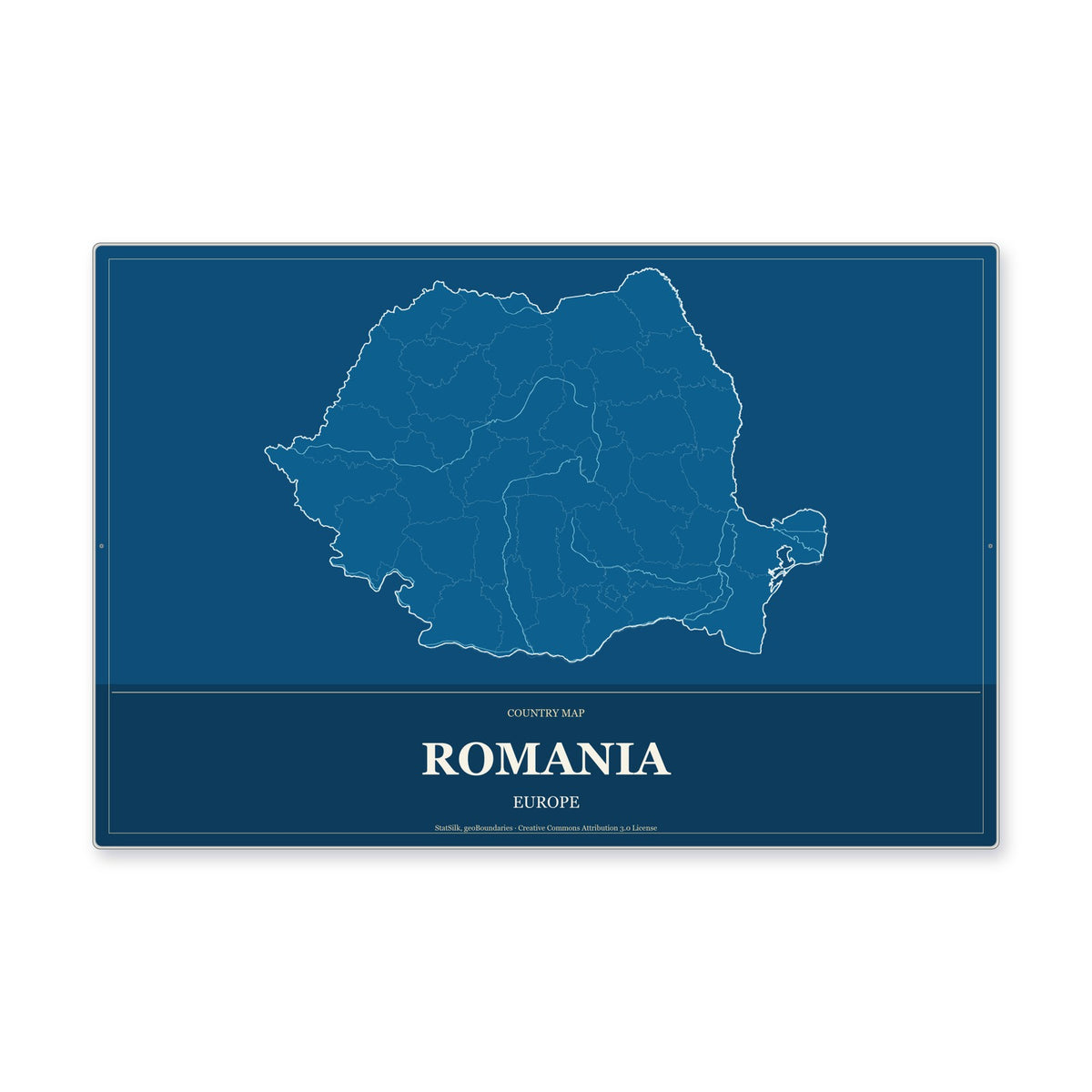 Romania Country Map Aluminum Sign in Harbor Cobalt style