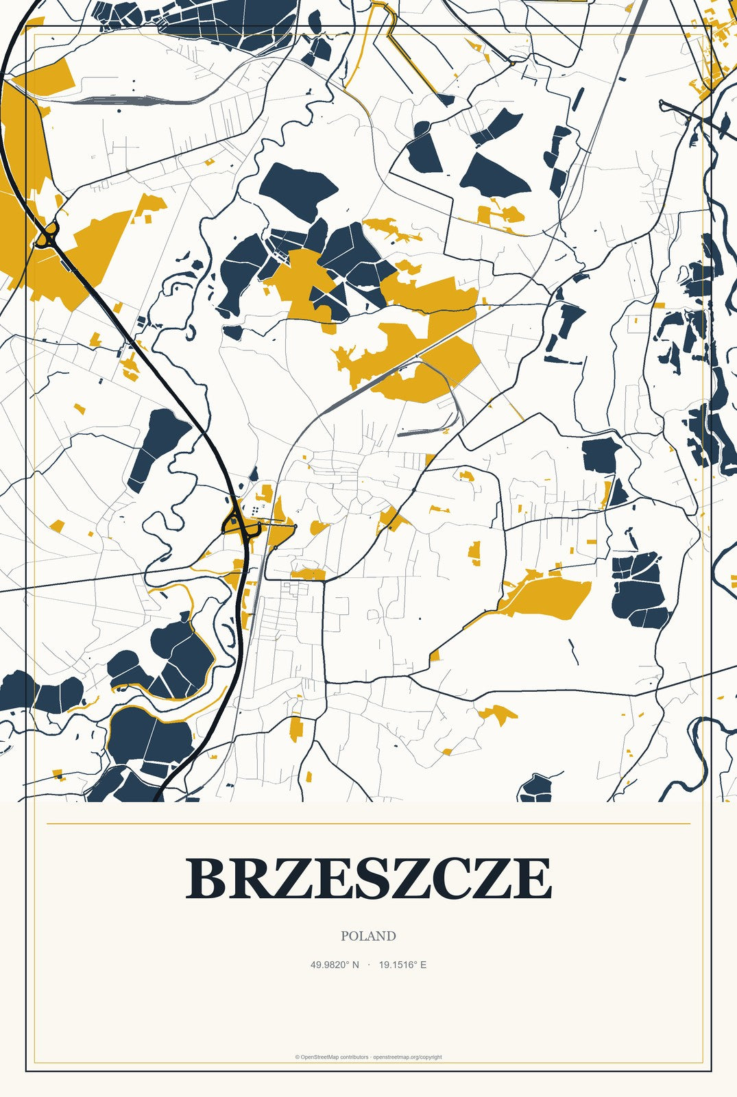 Brzeszcze, Poland City Map Aluminum Sign in Citrine Modern style