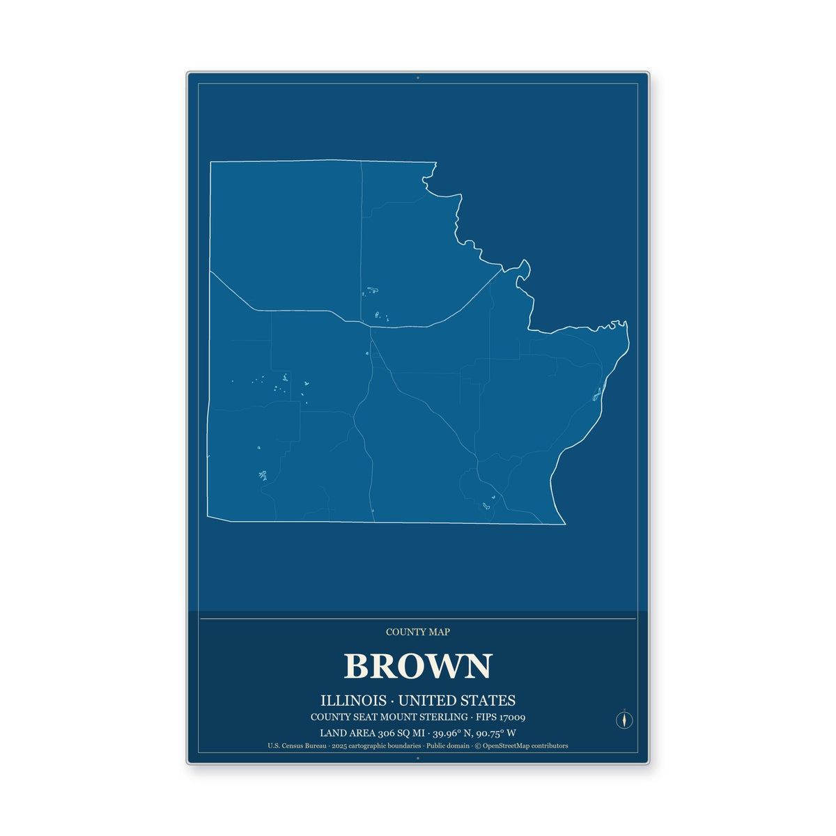 Brown County, Illinois Map Aluminum Sign in Harbor Cobalt style