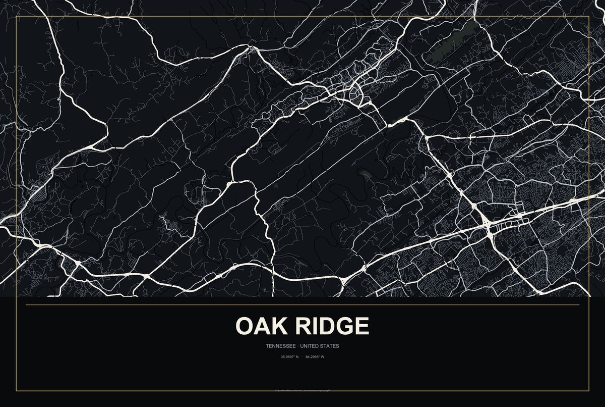 Oak Ridge, Tennessee City Map Aluminum Sign in Metropolitan Noir style