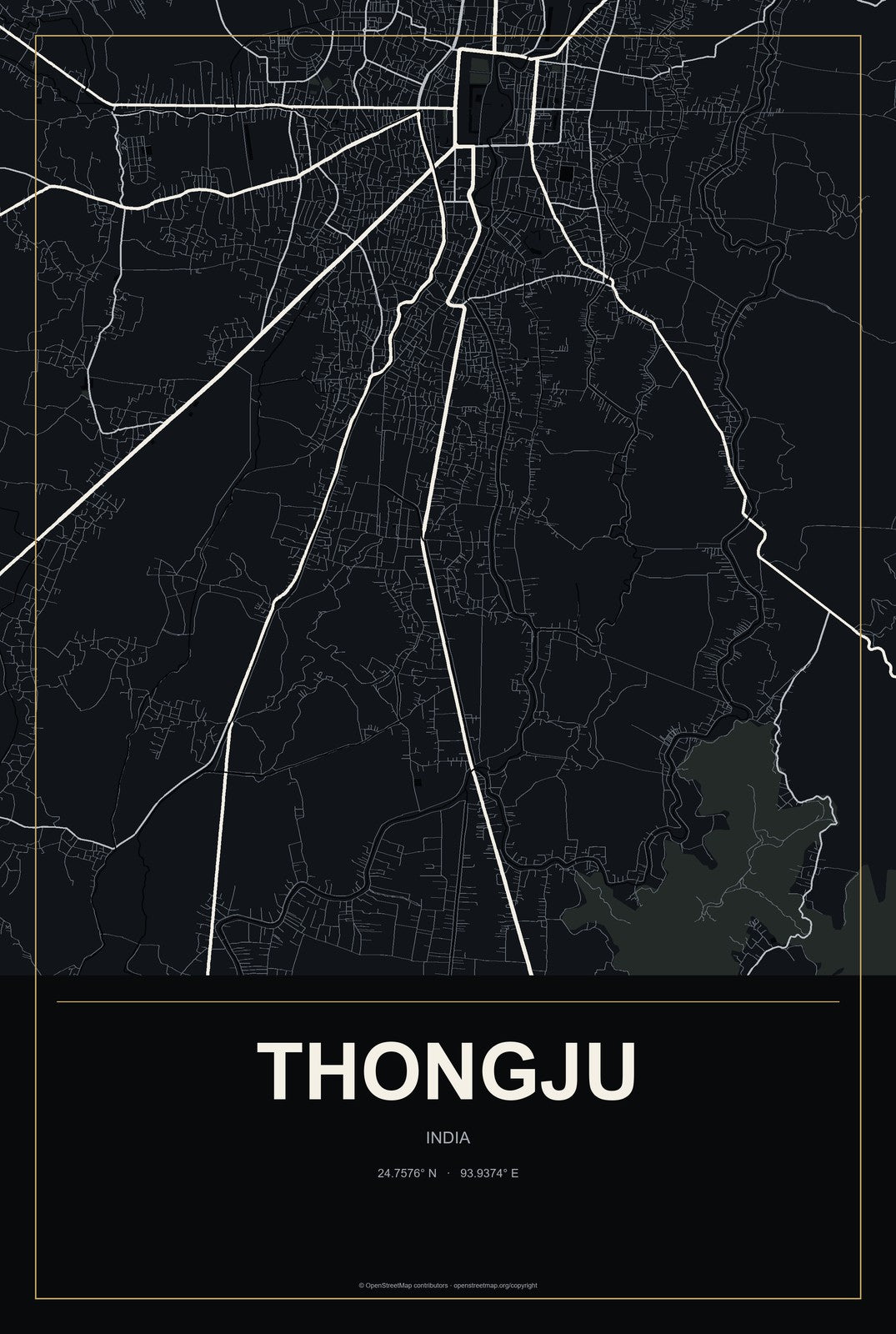 Thongju, India City Map Aluminum Sign in Metropolitan Noir style