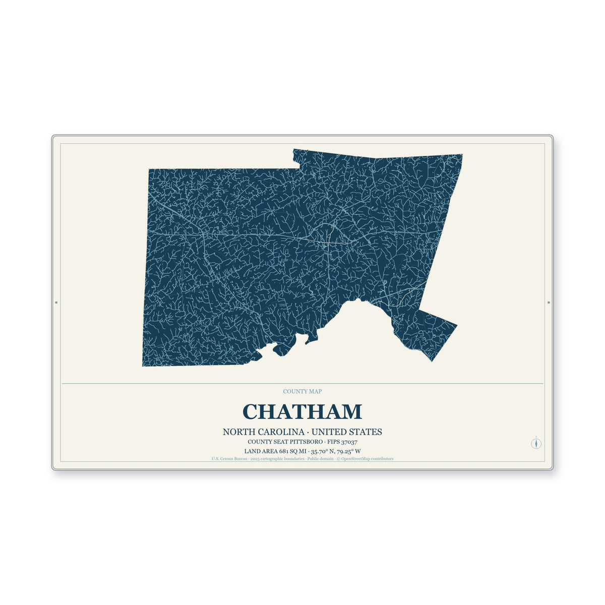 Chatham County, North Carolina Map Aluminum Sign in Coastal Cutout style