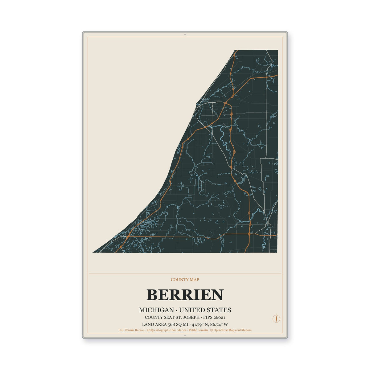 Berrien County, Michigan Map Aluminum Sign in Headline Atlas style