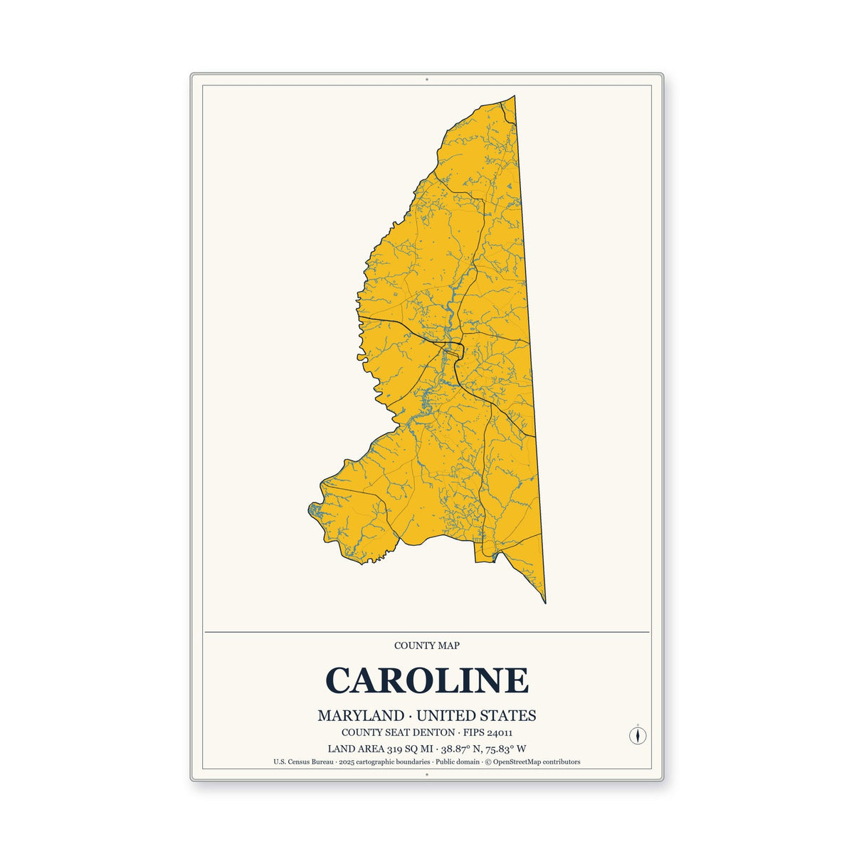 Caroline County, Maryland Map Aluminum Sign in Citrine Modern style