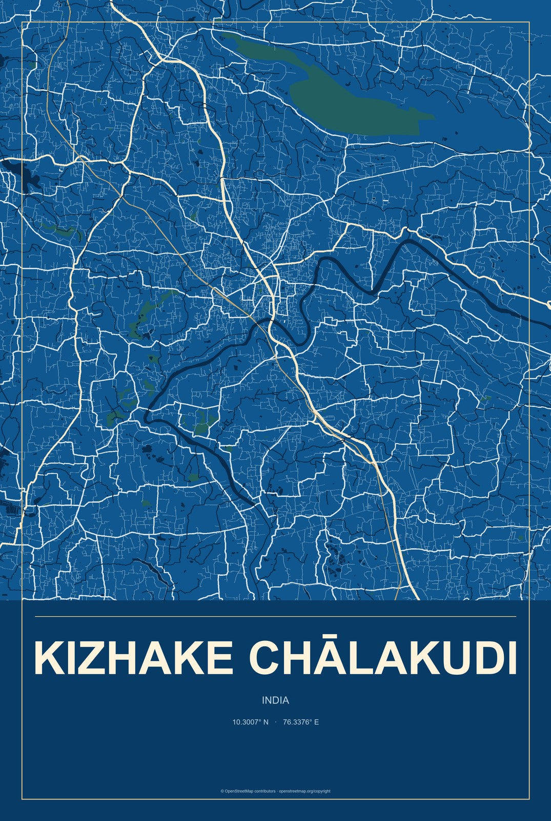 Kizhake Chālakudi, India City Map Aluminum Sign in Harbor Cobalt style