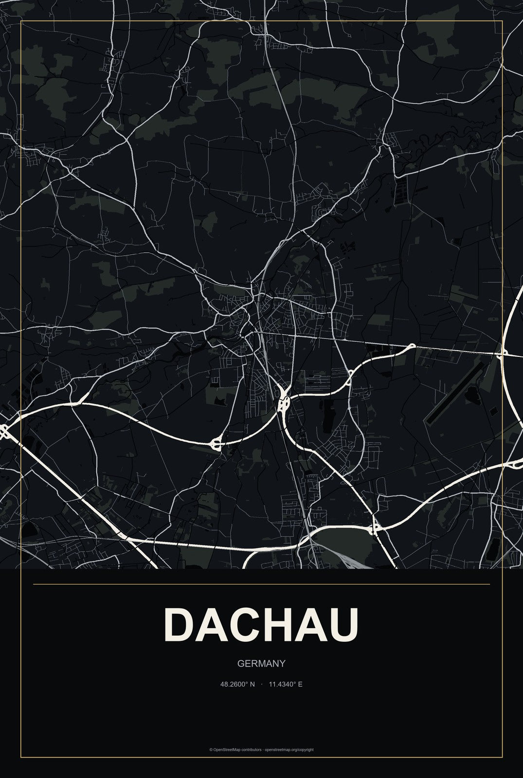 Dachau, Germany City Map Aluminum Sign in Metropolitan Noir style