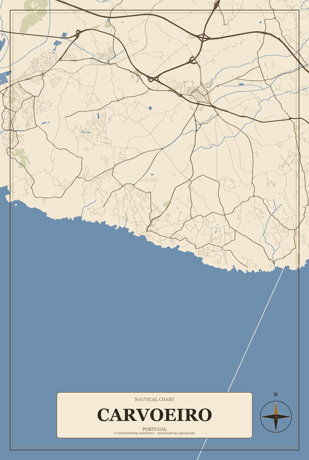 Carvoeiro, Portugal City Map Aluminum Sign in Heritage Nautical style