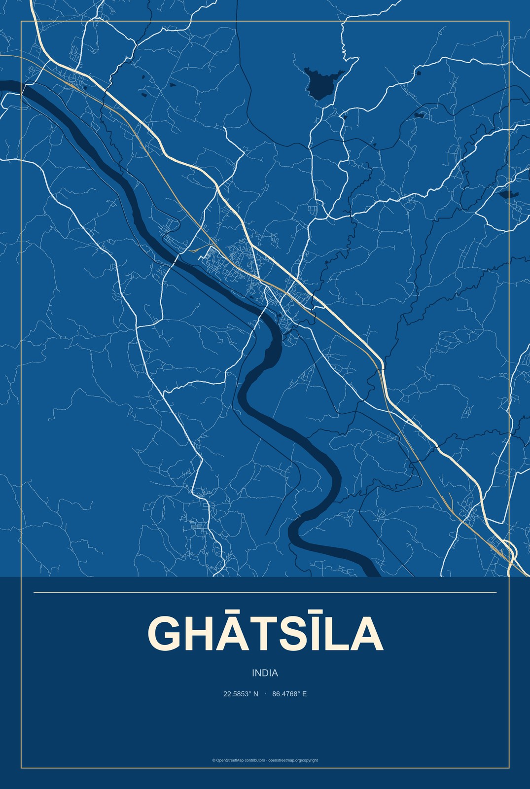 Ghātsīla, India City Map Aluminum Sign in Harbor Cobalt style