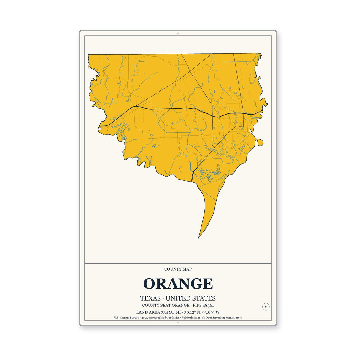Orange County, Texas Map Aluminum Sign in Citrine Modern style