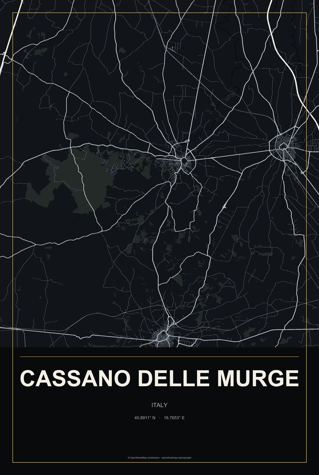 Cassano delle Murge, Italy City Map Aluminum Sign in Metropolitan Noir style