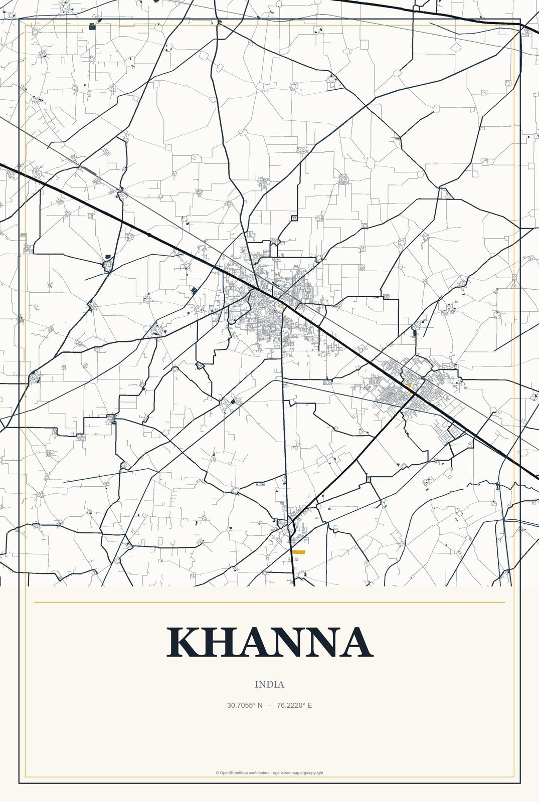 Khanna, India City Map Aluminum Sign in Citrine Modern style